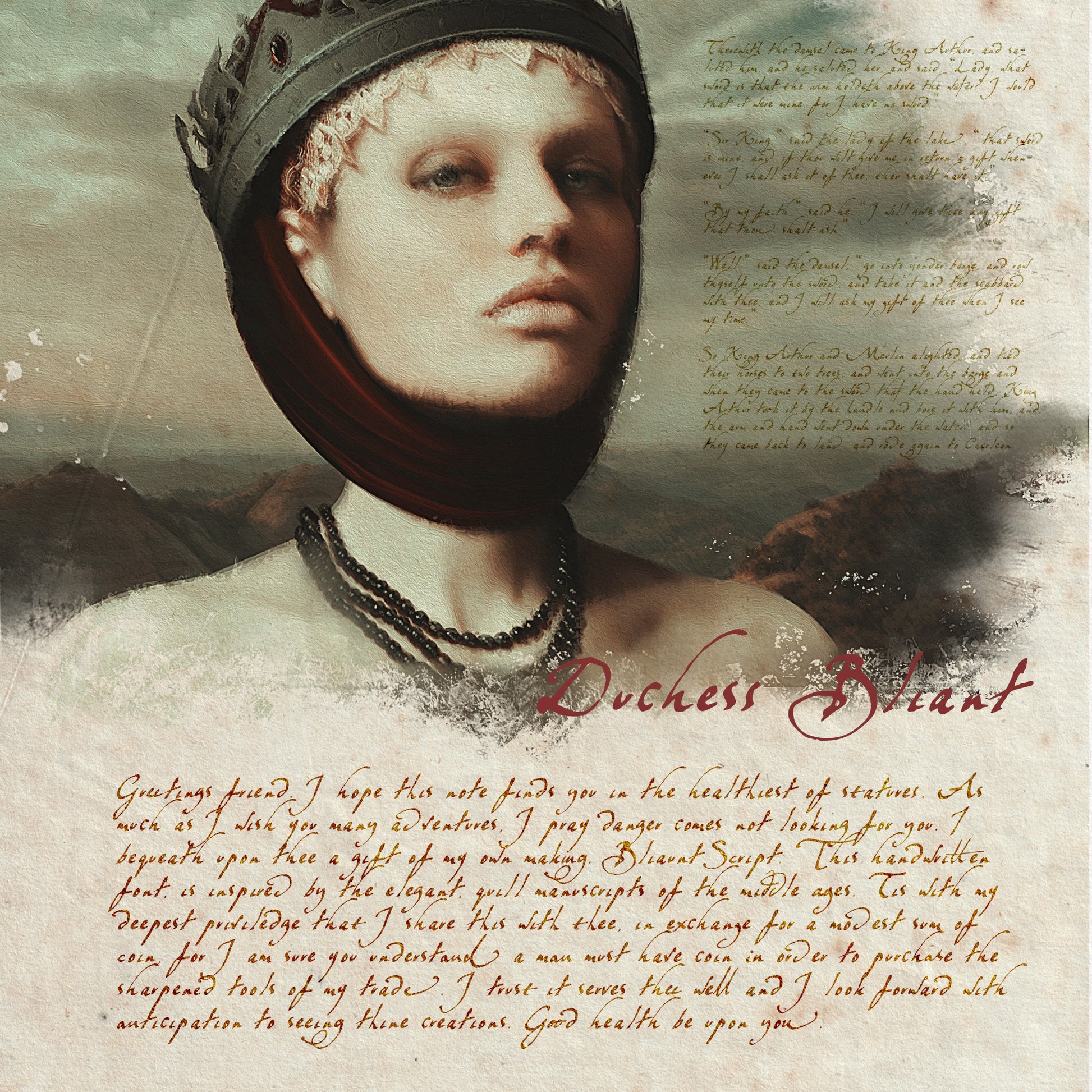 Medieval looking painting of a woman with bliaunt script text overlaid on top
