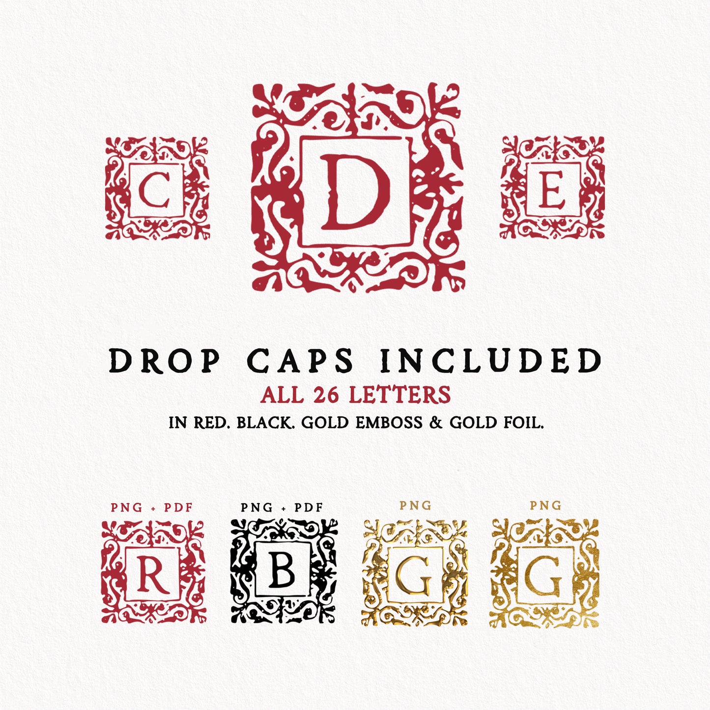 paper texture background with samples of drop caps included with the Folklore font