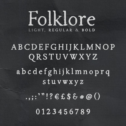 Dark background showing light colour letter samples from the Folklore font